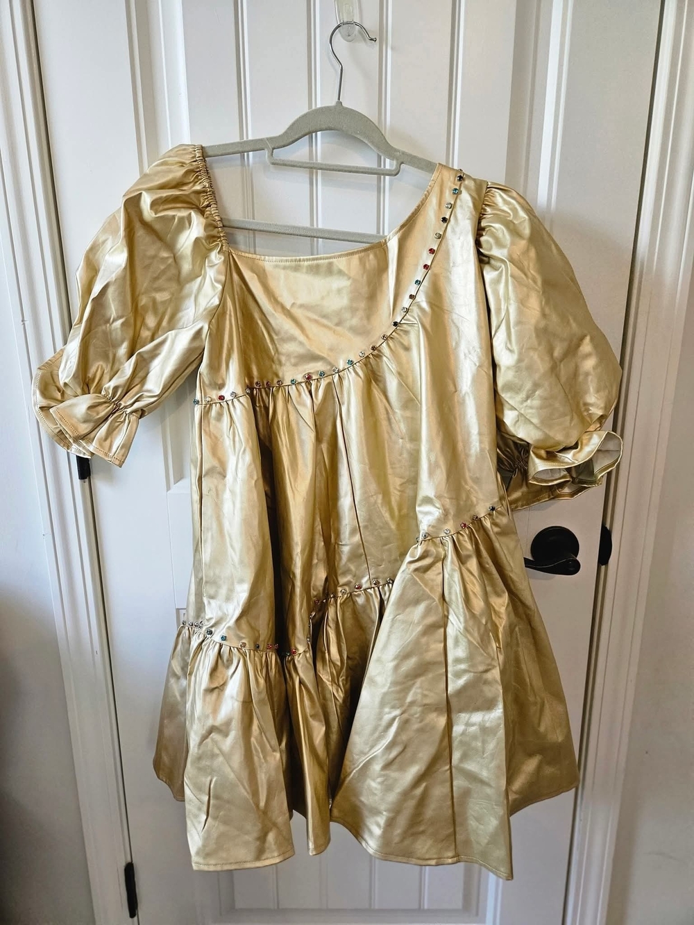QUEEN OF SPARKLES Gold Leather Puff Sleeve Party Dress